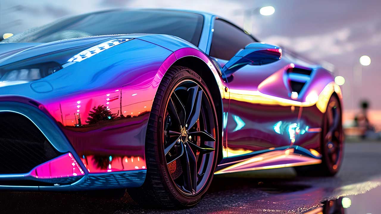 Allure Vinyl Wraps Ferrari with an iridescent custom wrap on a slick street